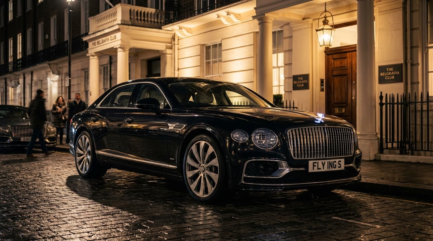 Deep midnight black Bentley Flying Spur parked on wet cobblestone outside exclusive club