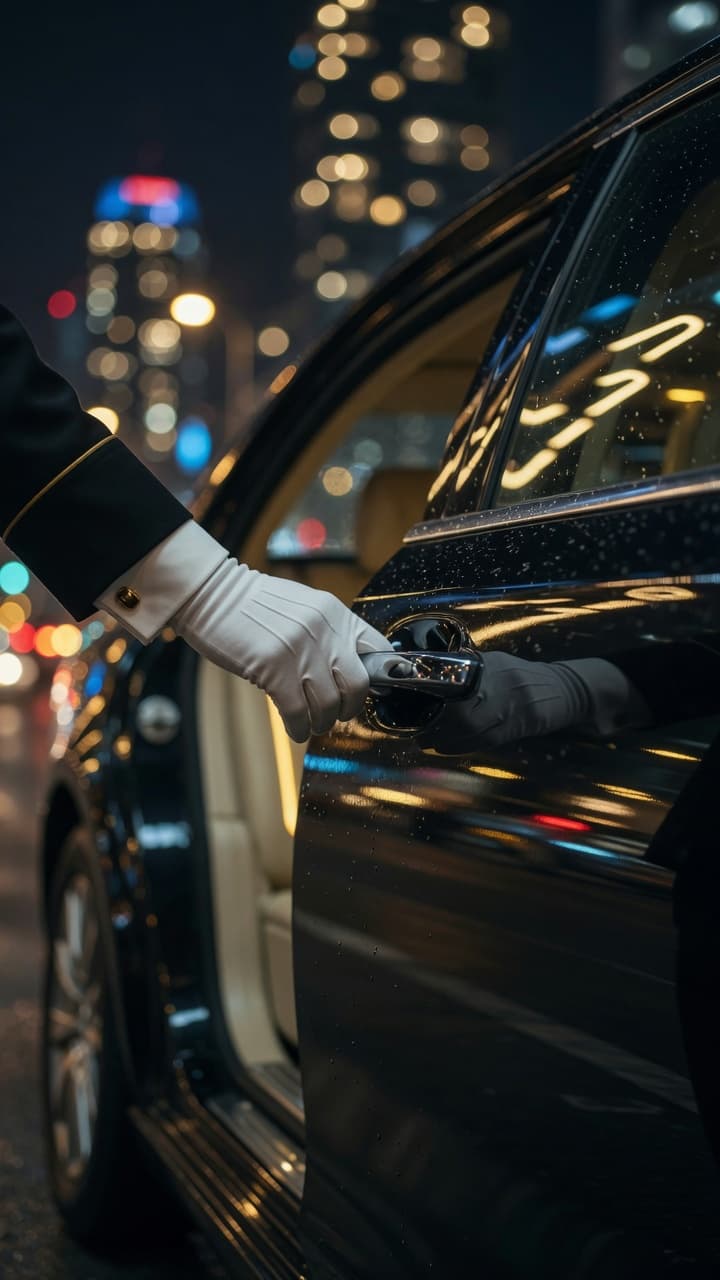 White-gloved chauffeur opening the door of a black luxury vehicle