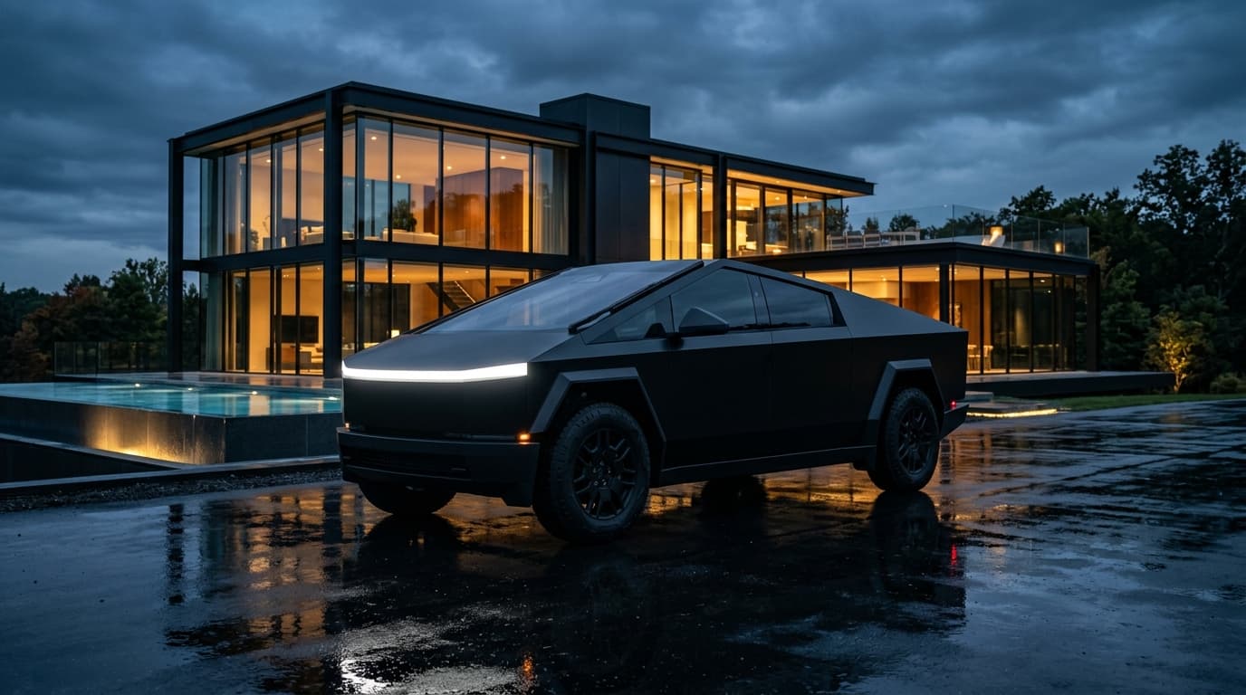Stealth matte black Cybertruck parked outside modern architectural glass villa at dusk