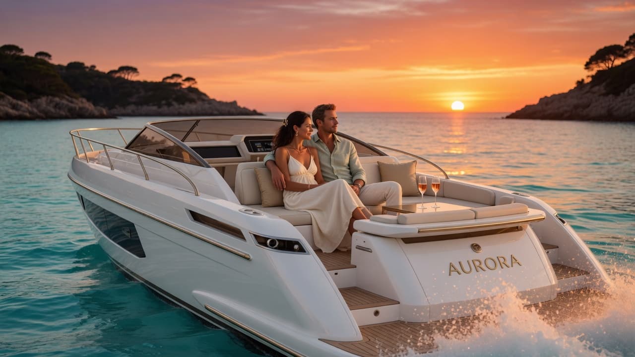 White day yacht crossing calm coastal water at sunset