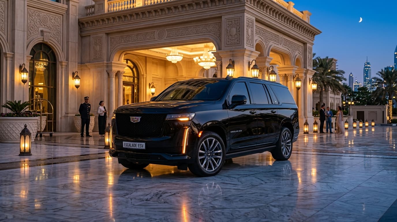 Midnight black Cadillac Escalade ESV parked outside grand palace portico at twilight