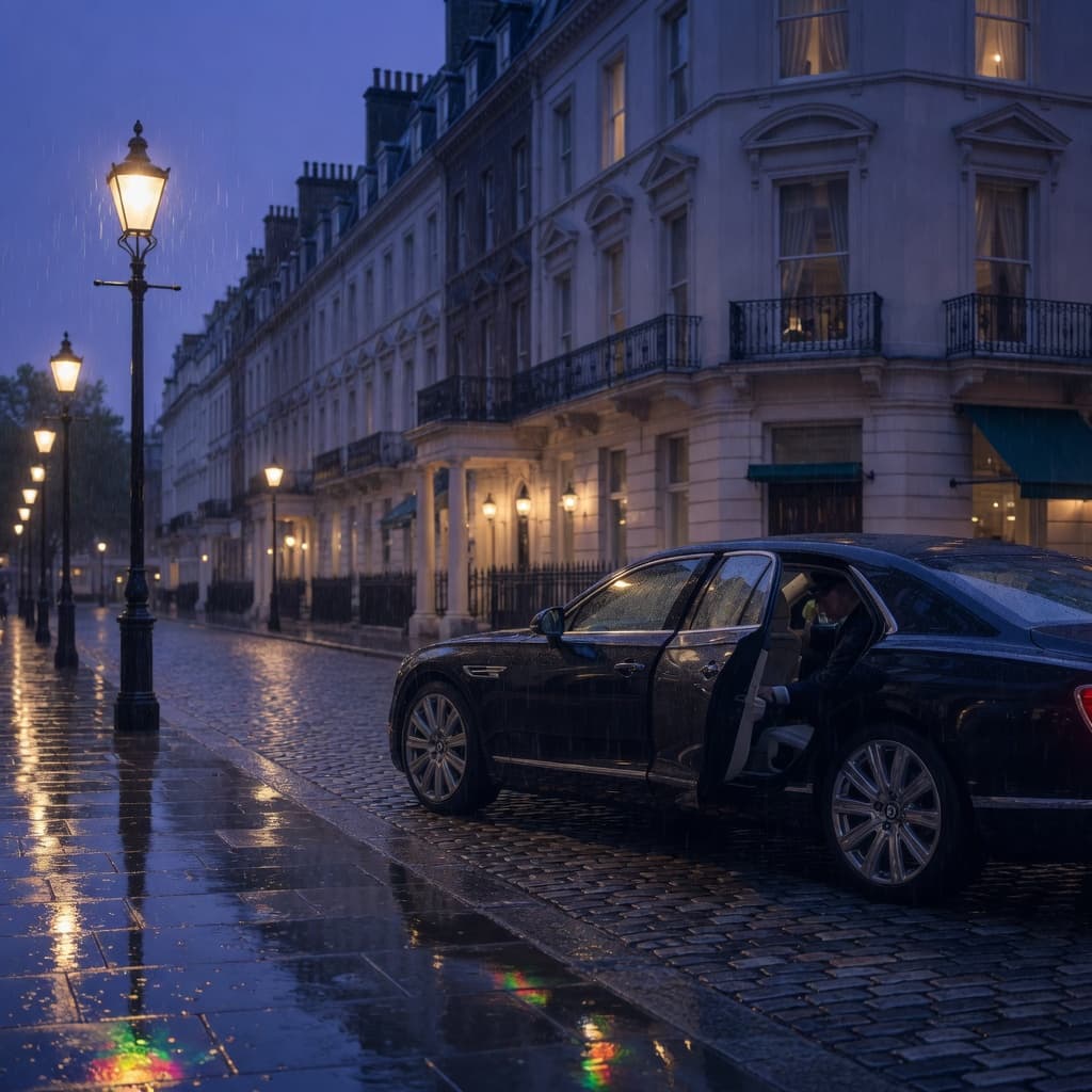 Black executive saloon waiting on a rain-lit London street