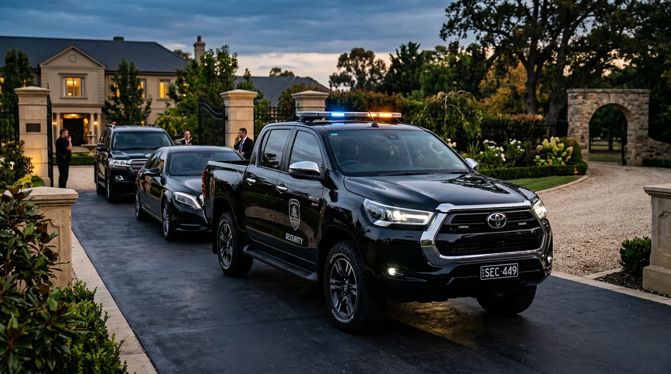 Black Toyota Hilux tactical escort truck with illuminated roof strobe head siren leading executive motorcade at estate