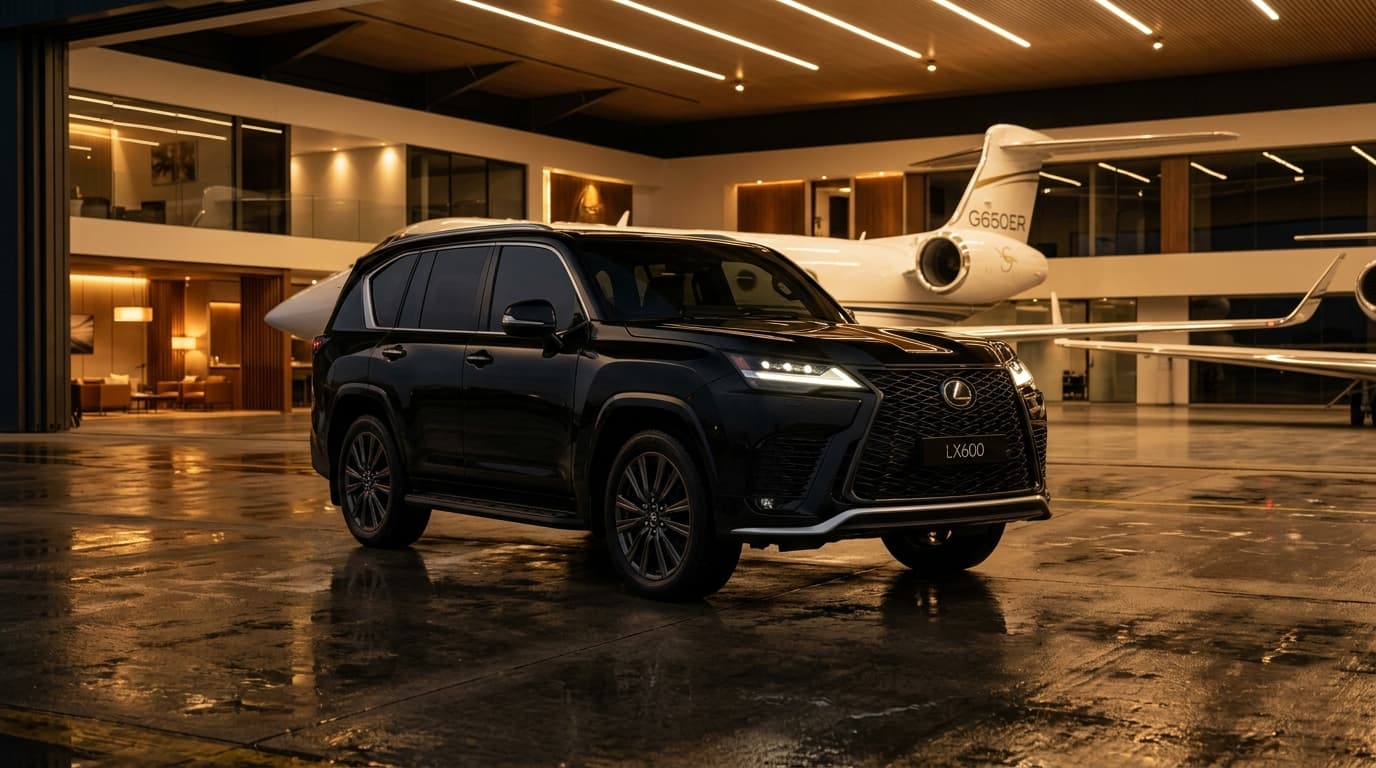 Black Lexus LX600 flagship SUV parked under private aviation hangar lights