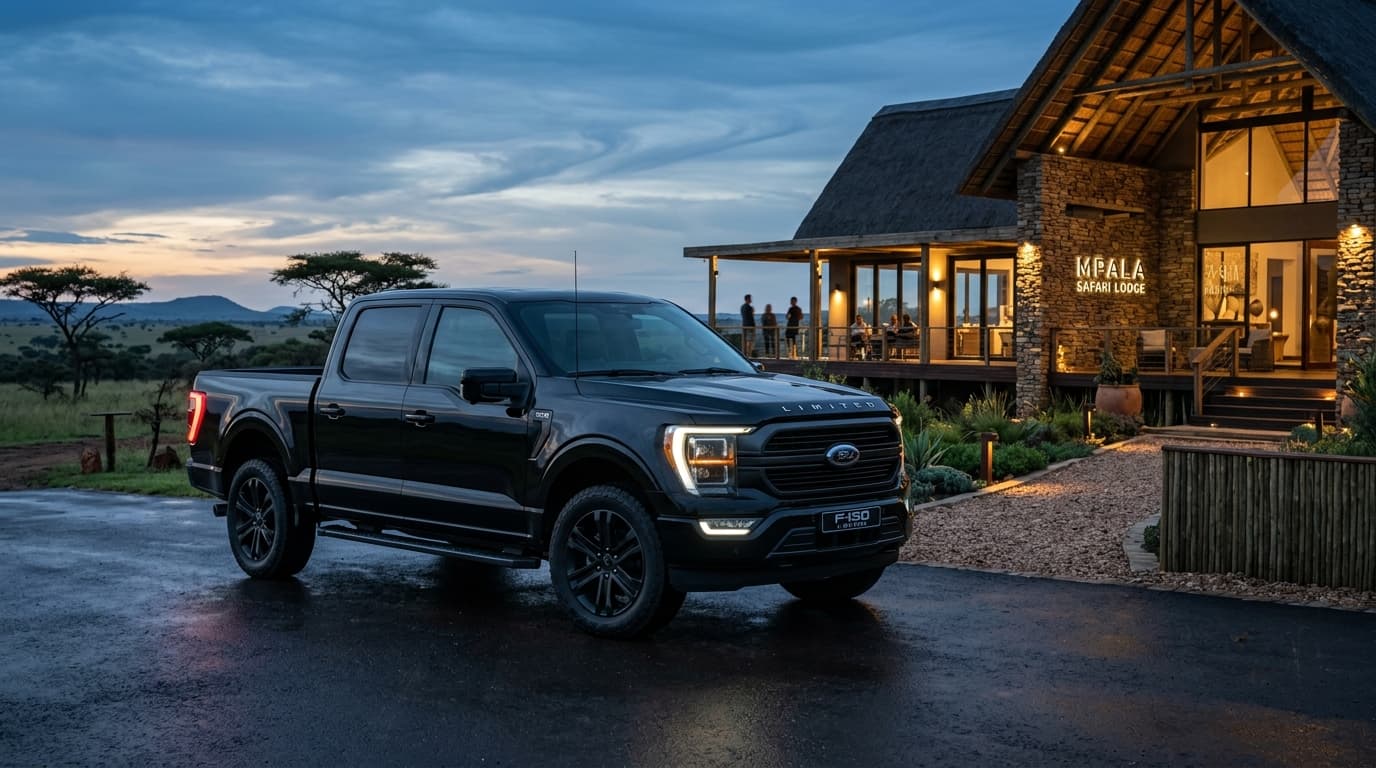 Black luxury pickup truck parked on dark pavement outside modern safari lodge at twilight