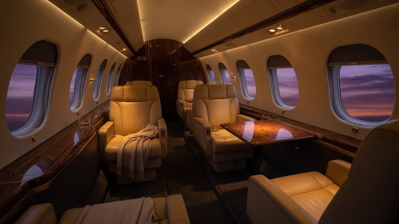 Warmly lit midsize private jet cabin with cream leather seating