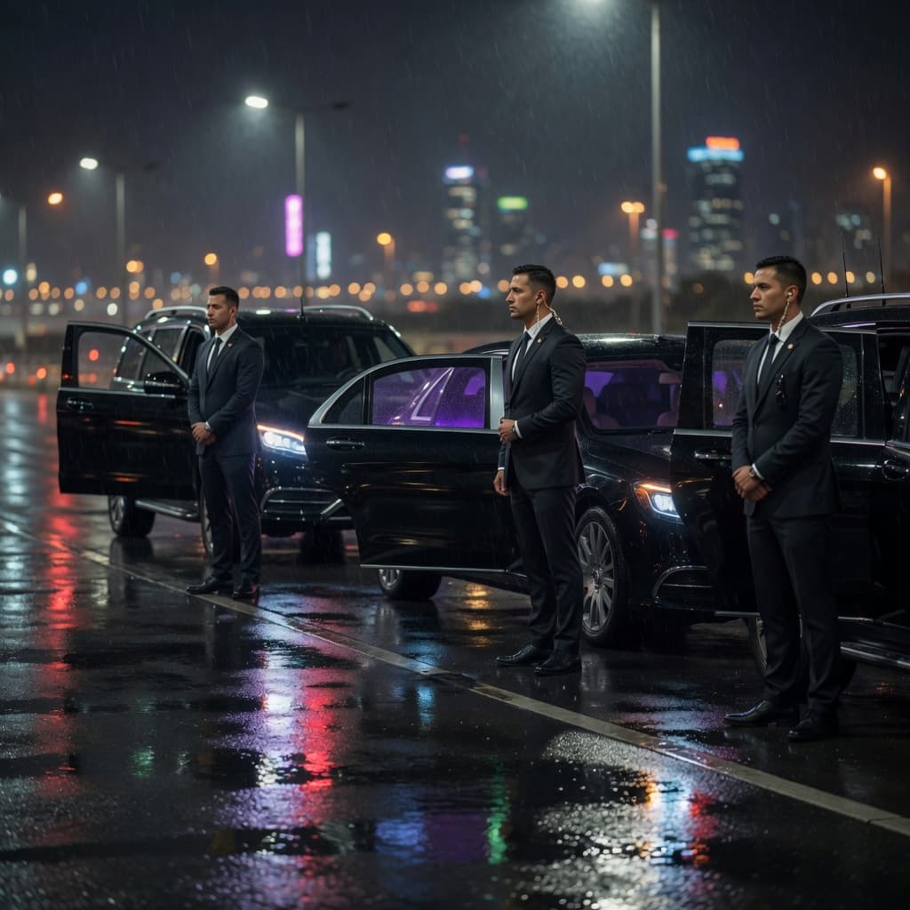 Coordinated fleet of black luxury vehicles with suited drivers at night
