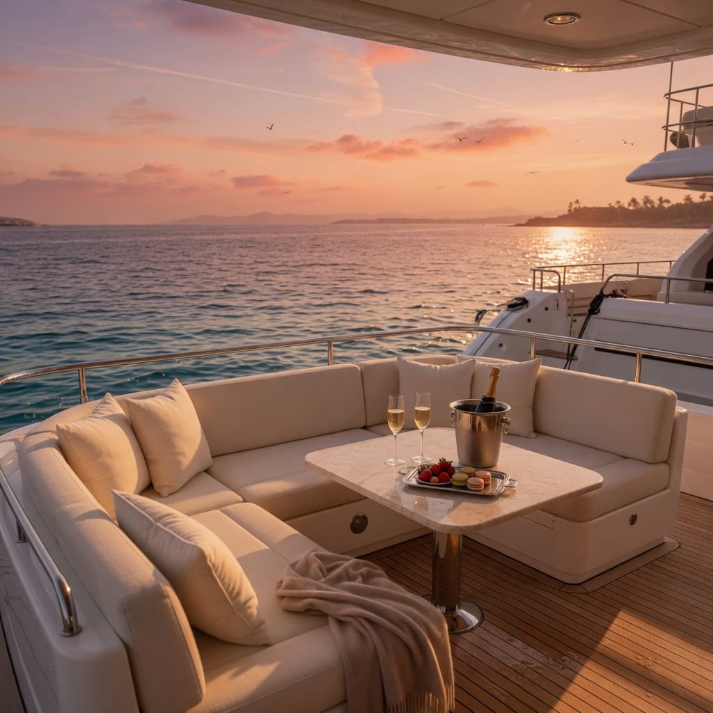 Large private yacht deck arranged with champagne at sunset