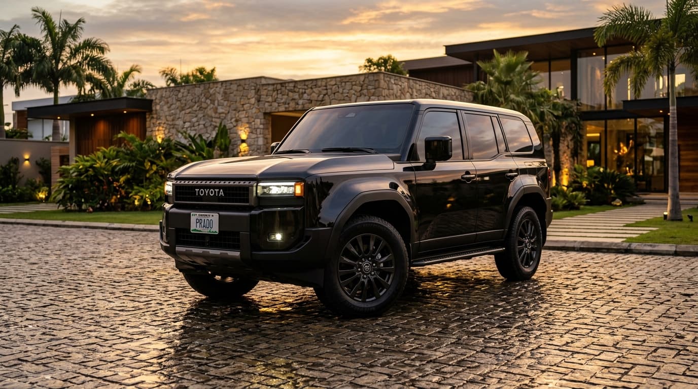 Gloss black new generation Toyota Land Cruiser Prado outside luxury private estate at sunset