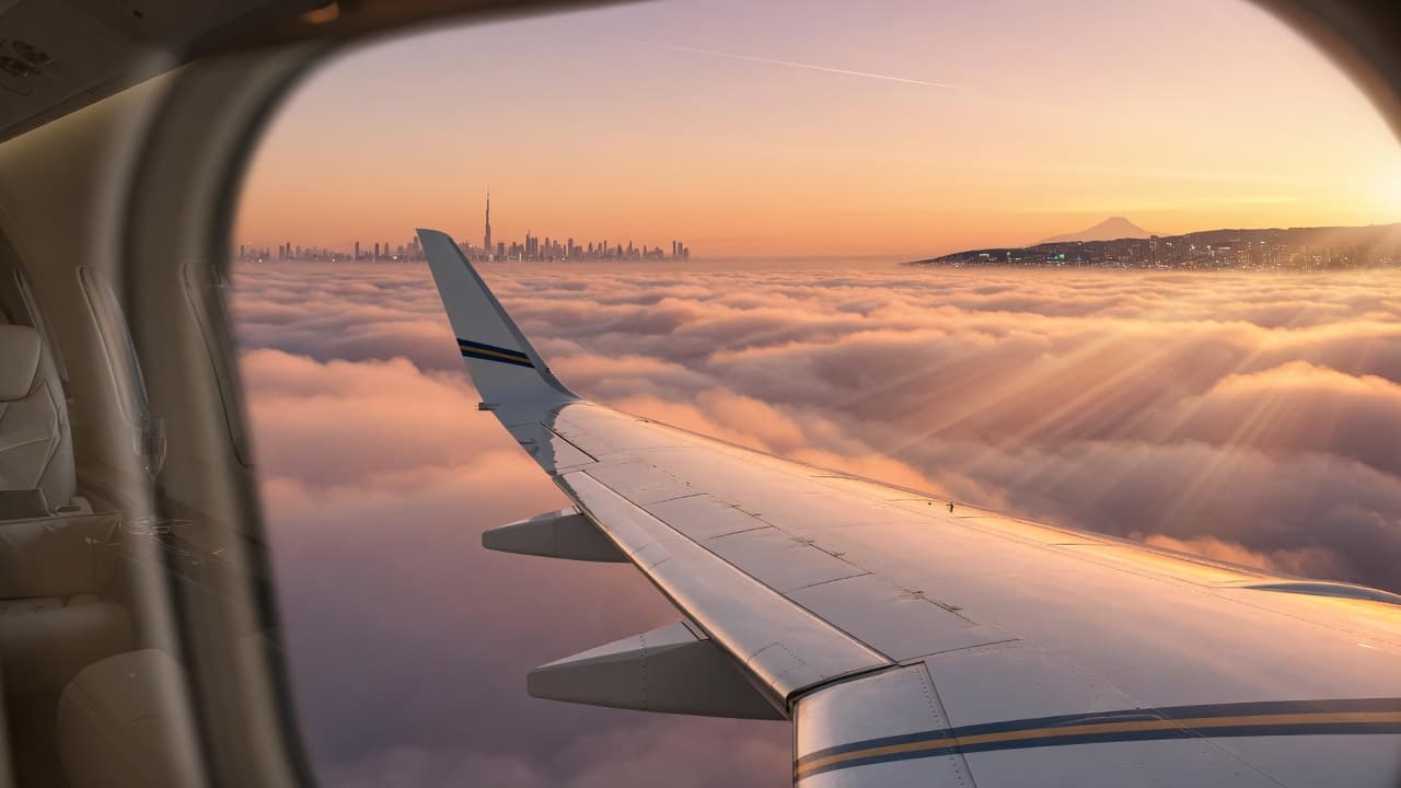 View over a private jet wing above the clouds at sunrise