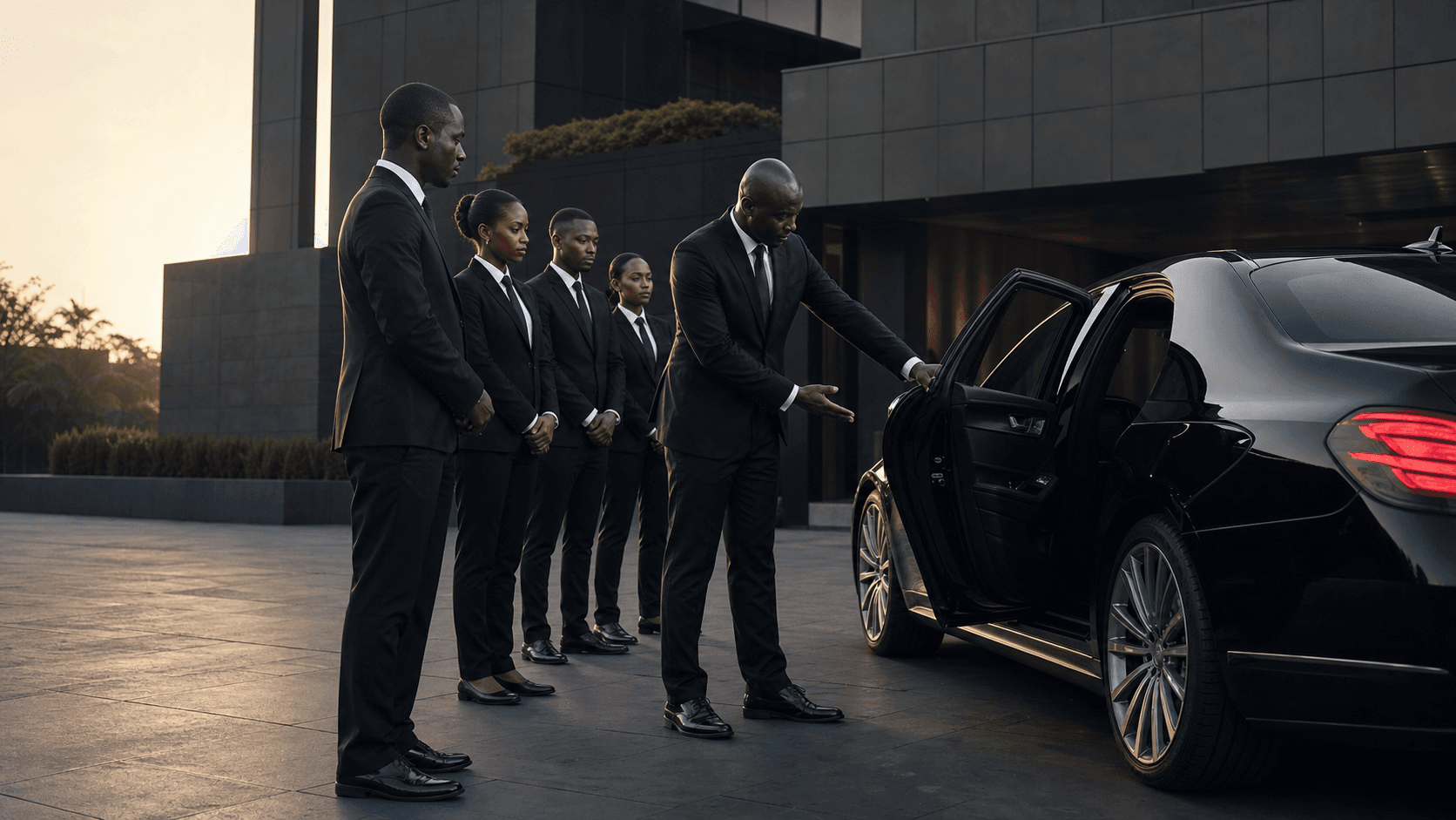 Black-suited chauffeur candidates receiving formal service training beside a luxury car