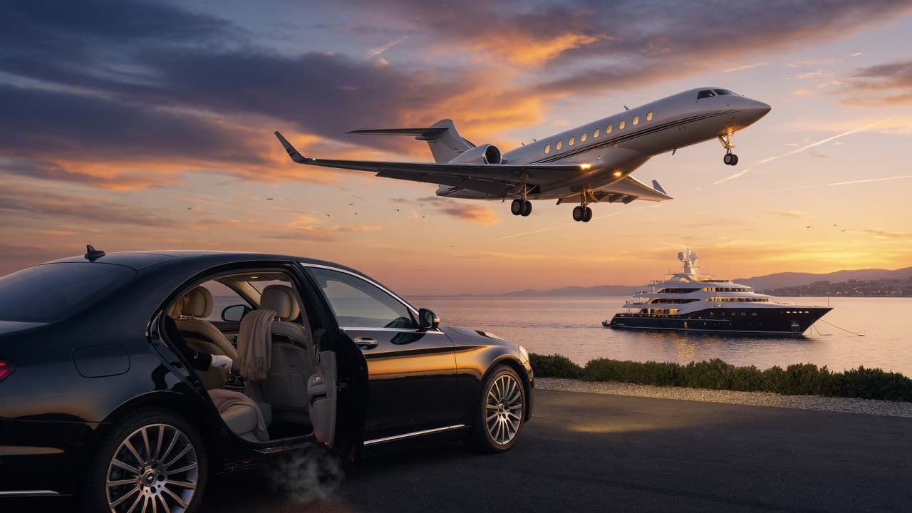 A private jet, luxury saloon, and yacht at a coastal destination