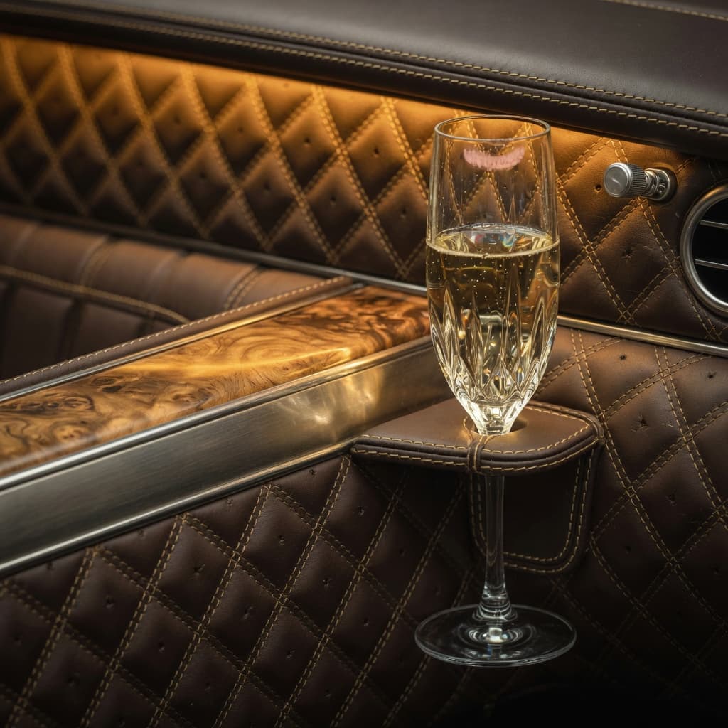 Champagne and hand-finished wood inside a luxury vehicle