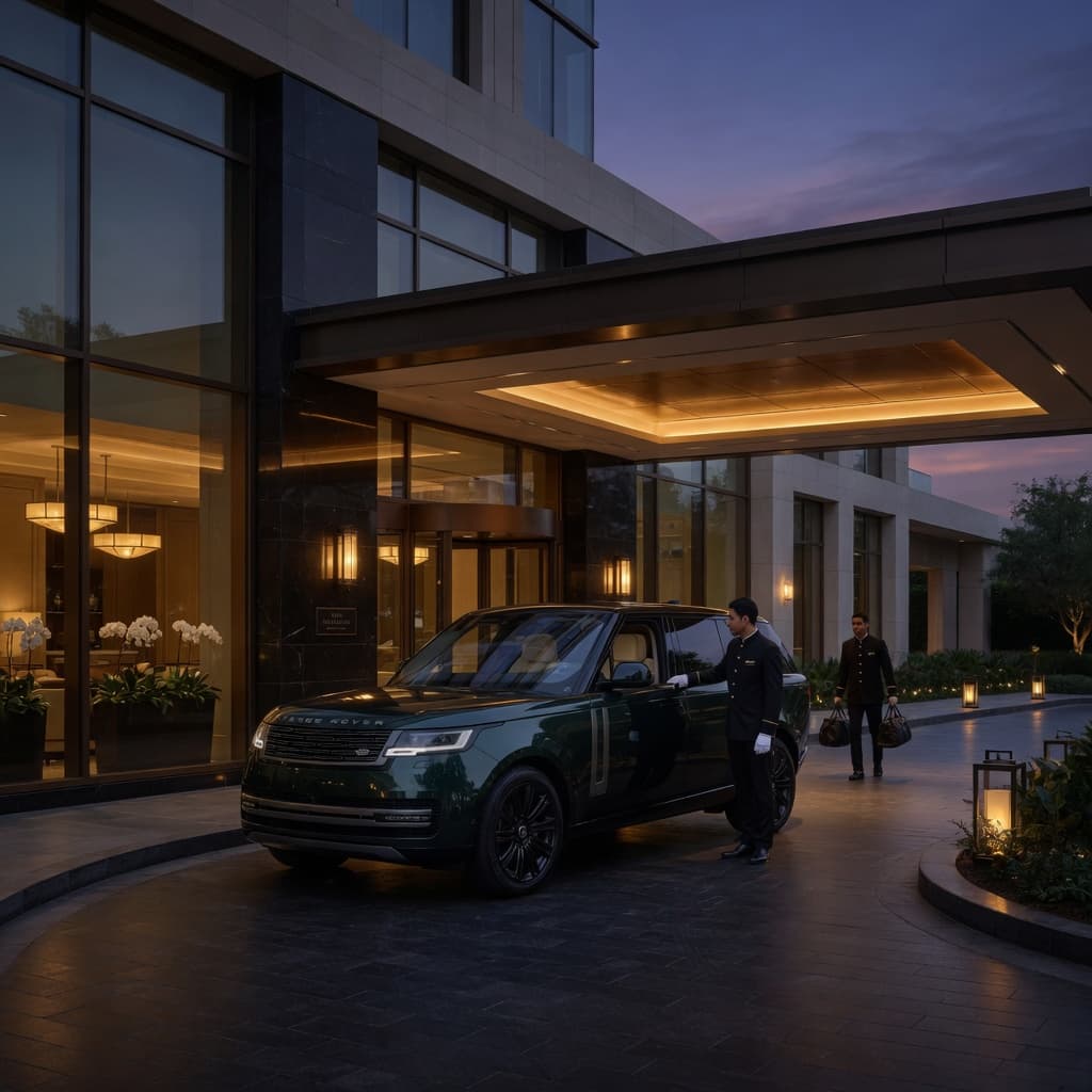 Black luxury SUV arriving at a hotel with chauffeurs in attendance